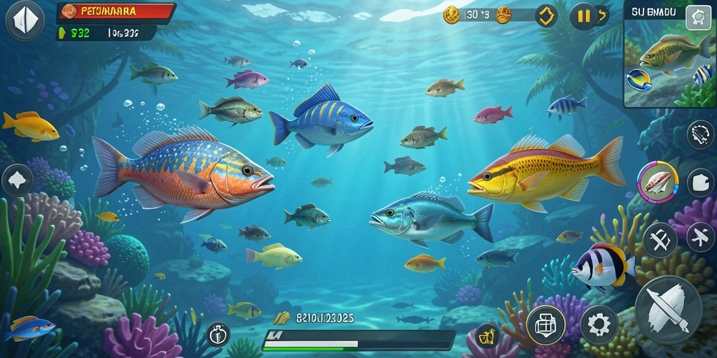 Layar gameplay F32 menampilkan aksi seru menembak ikan.