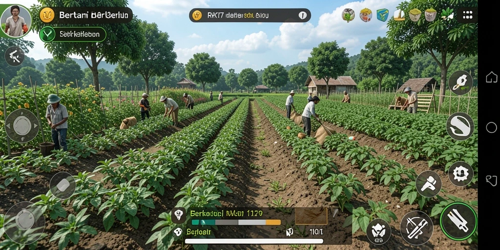 Tampilan gameplay RK77 yang menggambarkan aktivitas bertani yang seru.