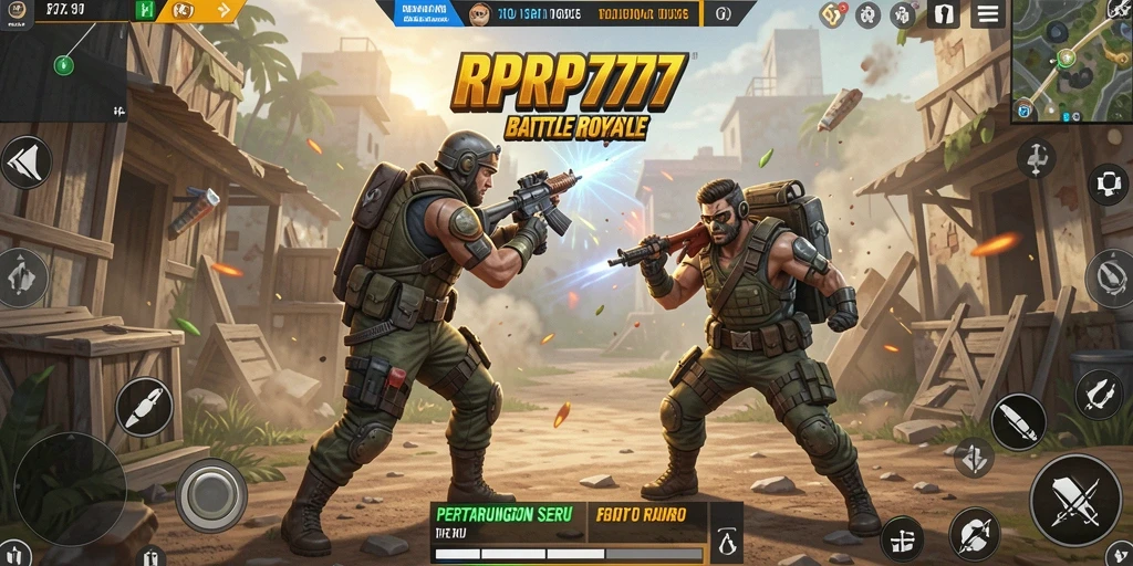 Screenshot RPRP777 menunjukkan para pemain berjuang dalam pertempuran intens di arena.